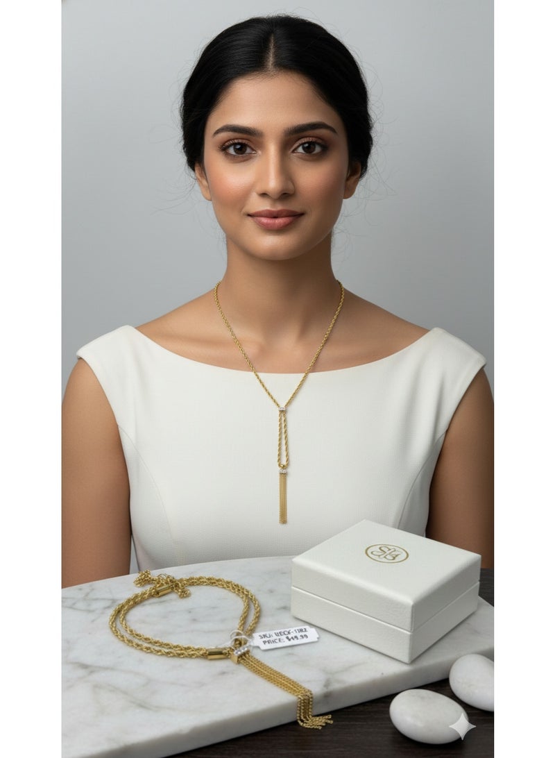 ورد سلسلة ذهبية فاخرة من الستانلس ستيل بتصميم طويل مع دلاية مرصعة بالكريستال. - Image 3